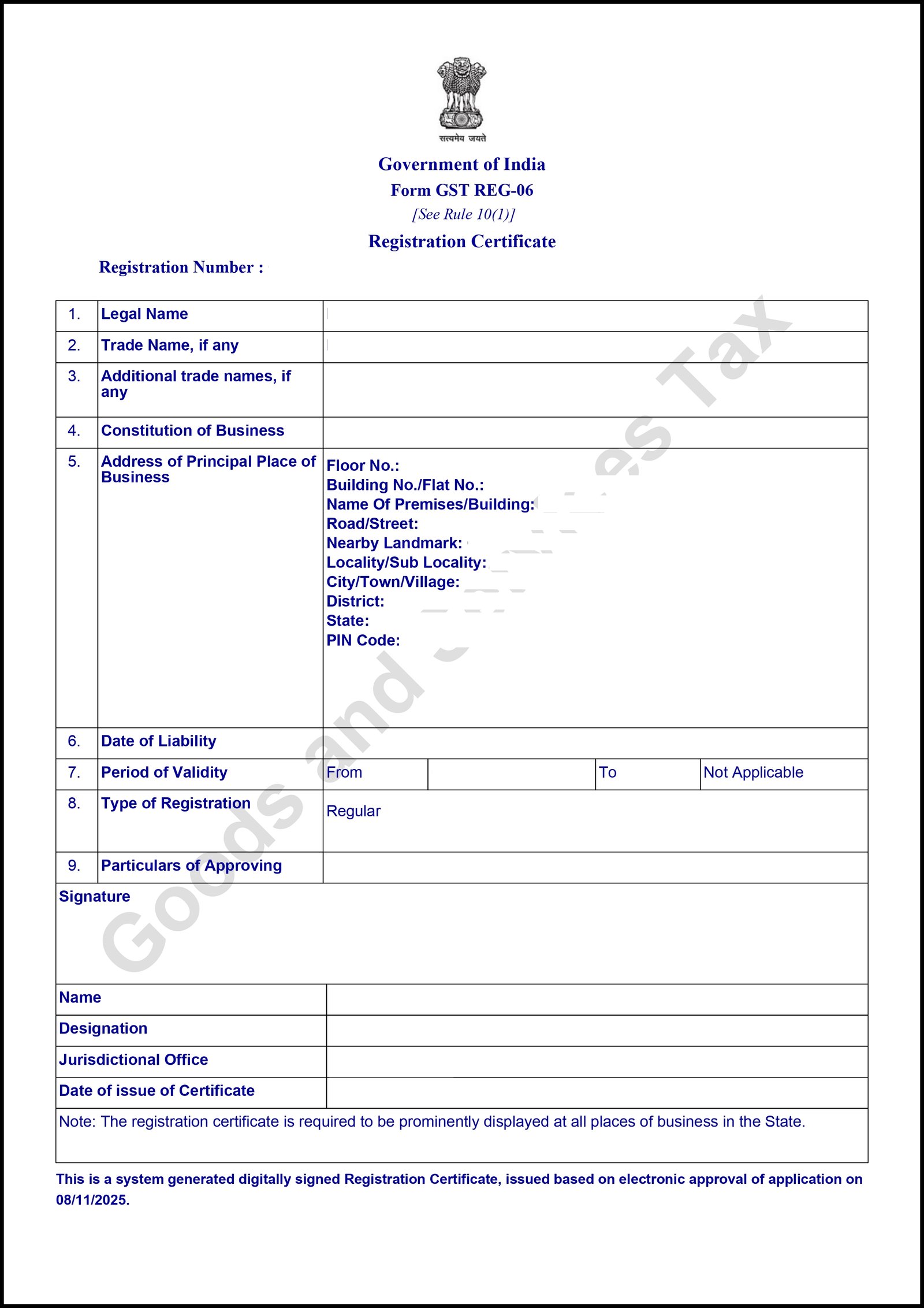 Sample GST Registration Certificate